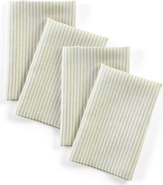 Solino Home Linen Dinner Napkins Set of 4, 20 x 20 Inch for Dining Table, Holiday and Everyday Table Decor - Narrow Stripe in Sage And White at