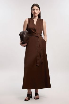 Karen Millen Womens Tailored Linen Wrap Tie Waisted Maxi Dress - Chocolate Lyocell - Size 12 UK