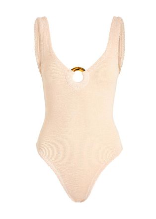 Hunza G Celine Cut-out Seersucker Swimsuit, Nude, One Size, V-neck, Cut-out Ring Detail, Machine Wash, Hunza G Swimsuits