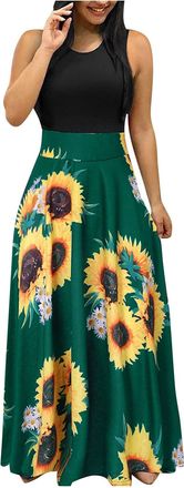 Generic Summer Dresses for Women Maxi Boho Dresses Vintage Floral Print Cocktail Dress Short Sleeve Casual Sunflower Print Bohemian Long O Neck High Waist A-L