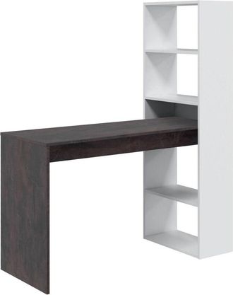 Dmora Scrivania Ali, Scrittoio multifunzione reversibile con libreria 5 ripiani, Tavolo da studio o ufficio porta pc portalibri, 120x53h144 cm, Bianco e