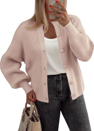 Zeagoo Womens Cardigans UK Long Sleeve Open Front Knit Sweater with Buttons Crew Neck Elegant Oversized Cardigan Ladies Autumn Soft Knitwear Cardigan Champag