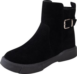 Generic Womens Ankle Boots Suede Leather Combat Boot Buckle Chunky Flat Sole Booties Western Cowgirl Boots Ladies Short Tube Boot with Side Zipper Booties Fal