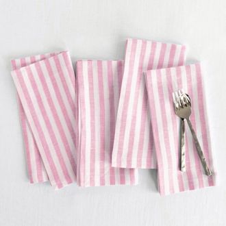Solino Home Linen Dinner Napkins Set of 4, 20 x 20 Inch for Dining Table, Holiday and Everyday Table Decor - Amalfi Stripe in Cherry Blossom And