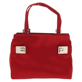 Ferragamo Double Gancini Side Buckle Tote Satin Red Silk Handbag (Pre-Owned)