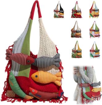 Generic 3D Fish Knitted Tote Bag,Bohemian Fringe Yarn Patchwork Shoulder Bag with Fish Decoration,Womens Cute Cartoon Fishes Handbag (Red)