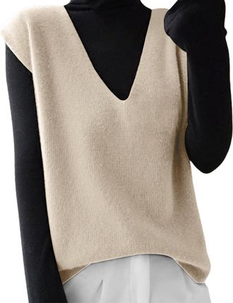 Generic Cocila Autumn Winter Women Knitted Sweater Vest Korean Sleeveless V Neck Pullover Female Loose Tops Waistcoats for Soft Shadow Sweatshirt (Beige, L) H
