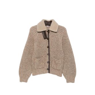 Brunello Cucinelli Shearling-collar Ribbed-knit Cardigan