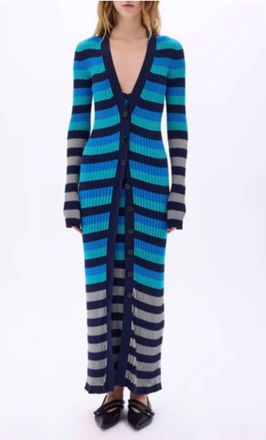 Sonia Rykiel Button Down Maxi Cardigan In Blue/silver Stripe