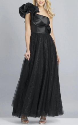 Dave & Johnny One Shoulder Satin And Tulle Gown In Black