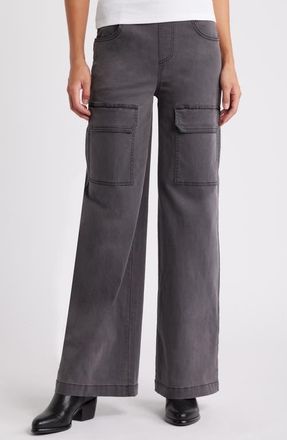 Hue Wide Leg Denim Pull-On Cargo Pants in Charcoal Wash at Nordstrom, Size X-Large