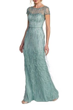 Mac Duggal Embellished Net Short Sleeve Feather Gown in Seafoam at Nordstrom, Size 14