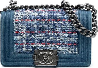 Chanel Borsa a tracolla Boy piccola in denim trapuntato e tweed con battente 2014 - Blu