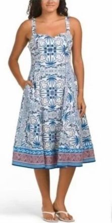 Avec Les Filles Tile Print Sweetheart Midi Dress In Blue/white