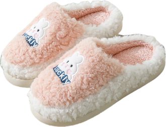Generic Thick-soled plush slippers, unisex, warm, cartoon-patterned, stylish cotton slippers (Pink, shoe size, Adult, Women, 6, Numeric Range, UK Footwear Siz