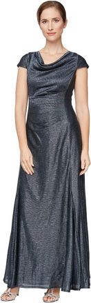 Alex Evenings A-line Dress Womens Navy Metallic Cowl Neck Cap Sleeve GBO3022