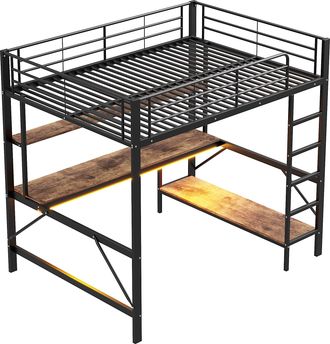STILVORA Cama Alta Cama Doble Con Usb, Enchufe, Led, Escritorio Y Estantes 140&times;200 Cm, Sin Colch&oacute;n, Metal Negro