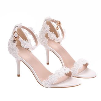 SOLUSTRE White Lace Wedding Heels WomenS Pointed Toe Bridal Sandals with Pearls, Stylish High Heel Shoes for Bride and Wedding Occasion, UK Size 39
