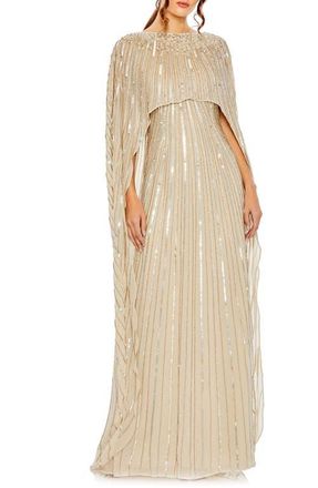 Mac Duggal Embellished Beaded Column Cape Gown in Champagne at Nordstrom, Size 8
