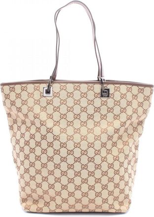 Gucci Beige Brown Canvas Leather Handbag Tote Bag (Pre-Owned)