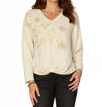Democracy Embroidered Floral Knot Knit Top In Cream