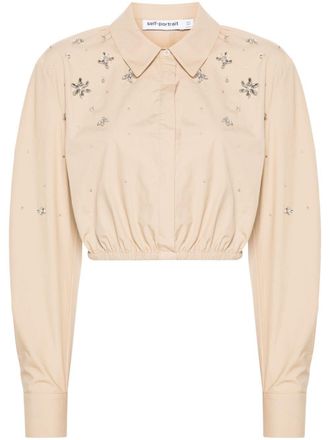 Self Portrait crystal-embellished cropped shirt - women - Cotton - 10 - Brown