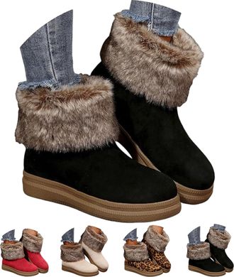 Generic Womens Plush-Lined, Warm, Thick-Soled, Comfortable Cotton Boots, Retro Furry Round Toe Anti-Slip Snow Boots Women (Black, M, Adult, Women, 7.5, Numeri