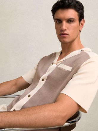 Reiss Noble Taupe Brown & light Stone Colour-block Cuban-collar Knit Shirt, L, Brown & cream