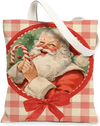 Generic Christmas Santa Canvas Tote Bags, Retro Holiday Design Lightweight Washable Grocery Bags, Festive Reusable Shoulder Strap C, Red, 13x15 Inch