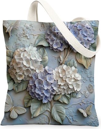 Generic Spring Relief Hydrangea Flower Canvas Tote Bag for Shopping 13x15, Luxury Floral Wildflower Reusable Grocery Print Bag for Women Men, Garden Aesthetic