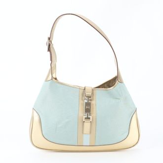Gucci Jackie Gold Leather Canvas Handbag Tote Bag (Pre-Owned)