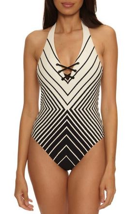 Trina Turk Net Stripe Halter Rib One-Piece Swimsuit in Black/Vanilla at Nordstrom, Size 14