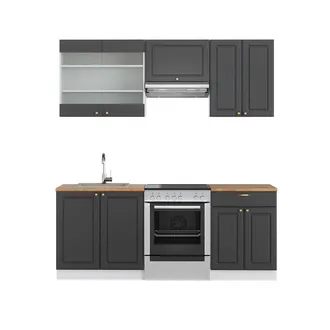 Vicco Mueble De Cocina Fame-line, Antracita-oro/blanco, 200 Cm, Et Roble