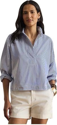 Lauren Ralph Lauren Striped Cropped Shirt Womens Clothing Blue/White : XL, Cotton
