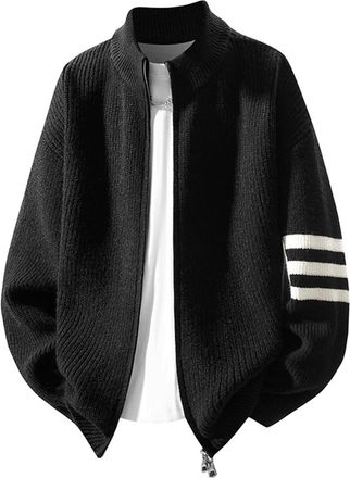 Generic Zip Up Cardigans for Men UK - Striped Mens Sweaters Knitwear Stand Collar Zipped Jumper Fall Winter Long Sleeved Loose Fit Comfort Pullover