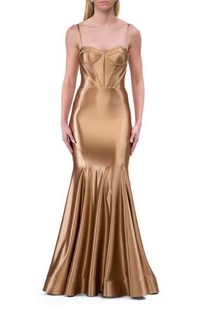 La Femme Chic Stretch Satin Gown with Corset Top and Flare Skirt in Bronze at Nordstrom, Size 00