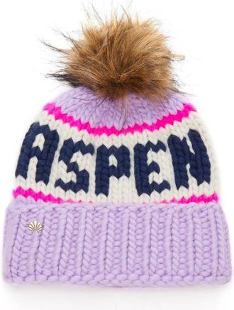 Lele Sadoughi Aspen Faux Fur Pompom Merino Wool Beanie in Lavender Multi at Nordstrom