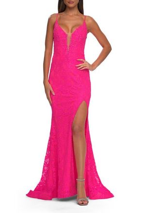 La Femme Lace Dress with Deep V-Neck and Rhinestones in Neon Pink at Nordstrom, Size 00
