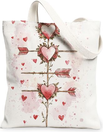 Generic Hearts Canvas Tote Bags, Floral Love Pattern Reusable Grocery Bags, Lightweight Washable for Valentines Day Travel Beach Picnic 13x15 Inch