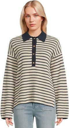 Faherty Miramar Linen Relaxed Polo Womens Sweater True Navy Stripe : SM, Cotton/Linen