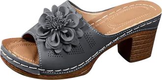 Generic Women Platforms Sandals Open Toe Leather Summer Slides Chunky Heels Solid Color Slip Lady Vintage Non Slip Breathable Walking Outdoor Casual Shoes (Gr