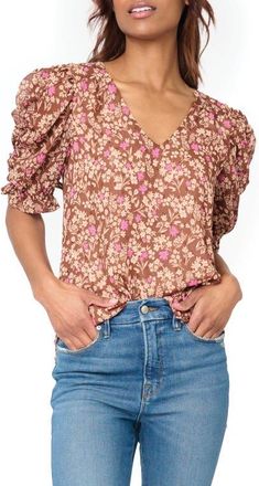 Gibsonlook Floral Print Puff Sleeve Top in Toffee/Pink Floral at Nordstrom, Size Xx-Small