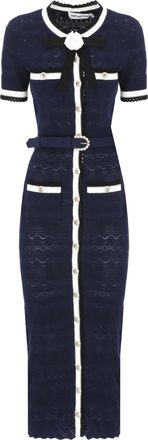Self Portrait Pointelle Knit Midi Dress With Decorative Pin And Four Pockets