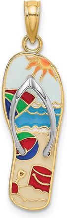 Diamond2Deal 14k Yellow Gold Rhodium Multi-Colored 3D Enamel Beach Scene On Flip-Flop Charm