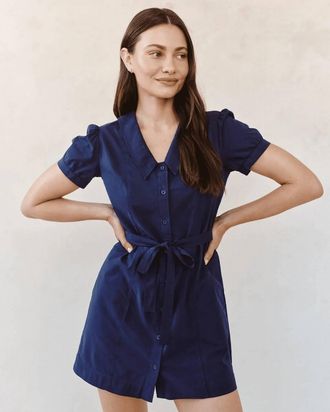 Bella Dahl Short Sleeve Seamed Puritan Collar Dress In Noir Navy