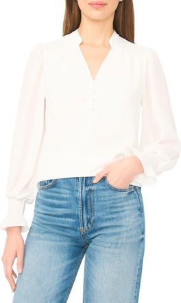 CeCe by Cynthia Steffe Half Placket Smocked Accent Top in New Ivory at Nordstrom, Size Xx-Small