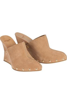 Balmain Wedge clogs in wood and suede in Beige at Nordstrom, Size 41