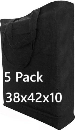 Generic COTTON BAGS PACK OF 5 100% Cotton black bags, 38 x 42 x 10 secured short handle with double and cross stitch, Eco Friendly Shoppers, natural cotton sh