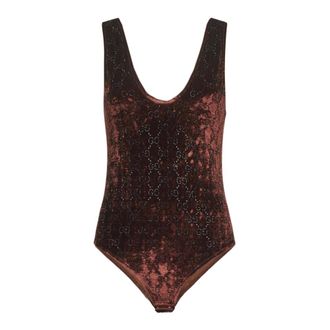 Gucci Body, female, Brown, Size: S GG Crystal Embroidered Bodysuit