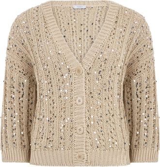 PESERICO Truien & Vesten, Dames, Beige, L, Pailletten, Opengebreid vest met pailletten